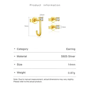Elegant J-shaped S925 sterling silver gold plated earrings with sparkling zircon stones
