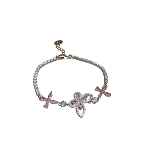 Pink zircon butterfly and flower bracelet with silver chain for elegant women jewelry style