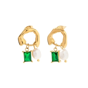 Boucles d'oreilles vintage en or avec zircon vert et perle blanche suspendue