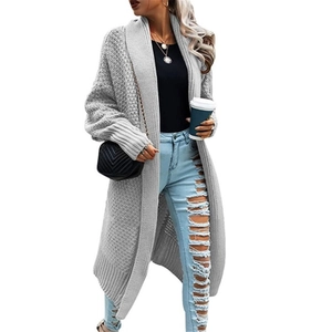 Women's long grey knit cardigan with diamond texture and ribbed cuffs in a batwing style