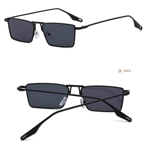 Detail view of rectangular black metal frame sunglasses showing front and back angles