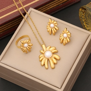 Elegant Flower Artificial Pearl Jewelry Stainless Steel Gold Plated Sunflower Necklace Earrings Ring Bracelet For Women Trendy INS Style