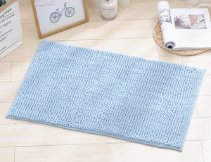 Detail of light blue chenille bathroom mat with soft texture and non-slip bottom
