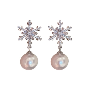 Sparkling silver snowflake earrings with round pearl pendant on a clean white background