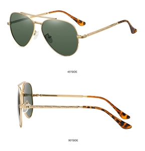 Detail view of gold metal aviator sunglasses with green lenses at 45 and 90 degree angles