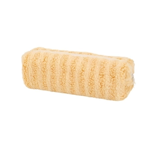 Yellow plush striped pencil case with cylindrical design and metal zipper closure