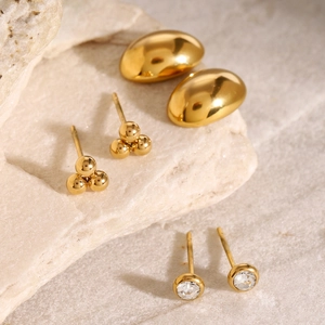 Three-piece gold plated stainless steel earring set with zircon and geometric shapes