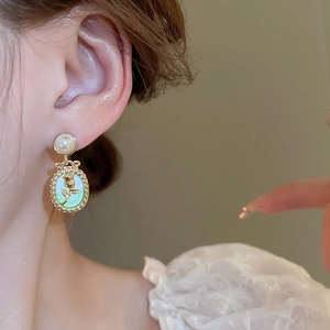 French vintage gold tulip drop earrings with green enamel and pearl for women