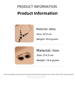 Detail view of retro geometric oval black pendant necklace and earring set with size data