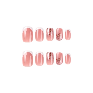 Unghie finte French bianche con glitter rosa e paillettes in forma quadrata-ovale