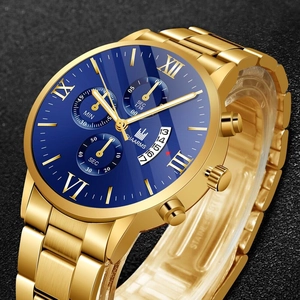 Macro close-up of gold stainless steel watch band and blue dial with Roman numerals