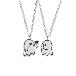 Cute ghost couple necklaces in silver stainless steel with heart charm for Halloween