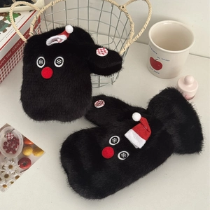Winter plush black snowman mittens with red hats and fluffy texture for cold weather