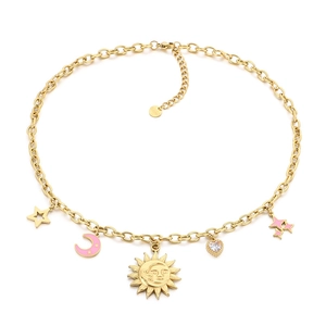 Gold stainless steel chunky necklace with sun moon and star celestial pendant charms