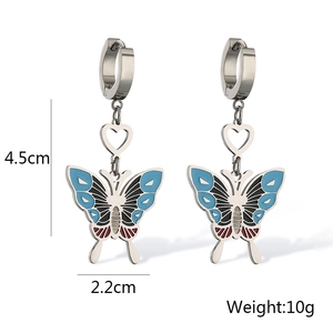 Detailed macro view of 4.5cm butterfly drop earrings with red and blue enamel insets