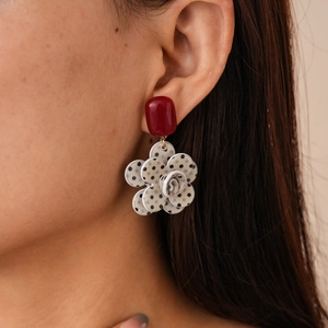 Vintage acrylic square stud with polka dot 3D flower pendant earring for women