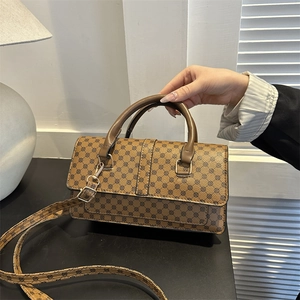 Brown lychee texture crossbody bag with vintage circular print and gold metal hardware