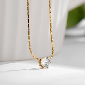 Round Zircon Pendant Necklace Titanium Steel 18K Gold Plated Claw Setting Bamboo Chain Minimalist Jewelry Women
