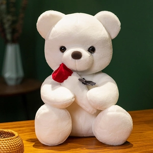 Peluche de oso blanco con rosa roja y lazo negro ideal para regalo de San Valentín