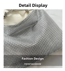 Detailed close-up of sparkling silver rhinestone mesh on a fashionable evening handbag