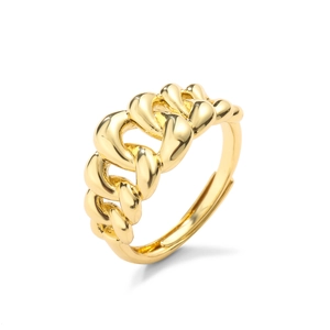 Detailed close-up of a gold-plated adjustable brass chain ring with a polished metallic finish
