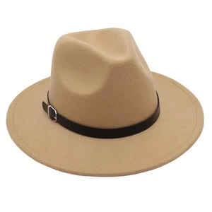 Close-up of khaki wool fedora hat featuring a black leather belt with a silver metal buckle