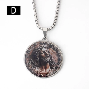 Close-up of vintage Jesus portrait pendant with stainless steel box chain necklace