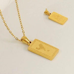 18K gold plated stainless steel necklace with Chinese zodiac rooster pendant and Buddha plaque