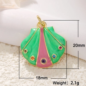 Marine shell pendant with green and pink enamel and colorful stones 20mm x 18mm