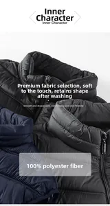 Detail of quilted stand-collar vest with sport zipper and 100% polyester fabric texture