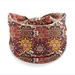 Bohemian mandala flower elastic headband in deep red and golden yellow colors