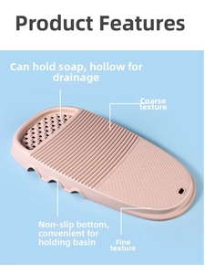 Detail of pink plastic washboard with dual-texture surface and soap drainage holes