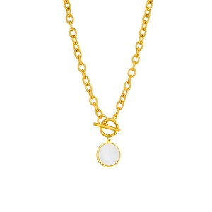 Golden titanium steel thick chain necklace with white round pendant and OT toggle clasp