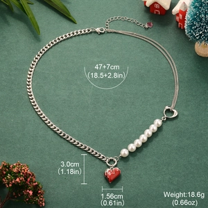 Silver chain and pearl necklace with melting red heart pendant and size specifications