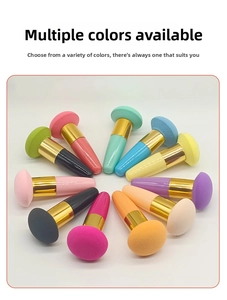 Radial display of 12 colorful mushroom head makeup sponges with pastel handles and gold rings