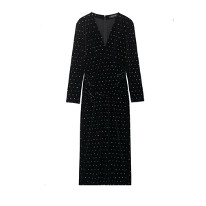 Samt Midi Kleid V Ausschnitt Langarm Strasssteine Perlen Elegant Party Abendmode Für Damen Schwarz