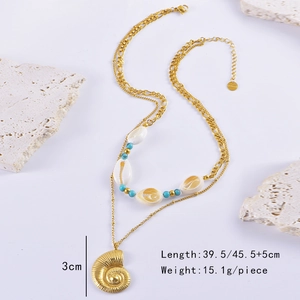 Detail showing shell and starfish pendants with measurement labels on gold double-layered necklace