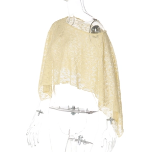 Detailed view of pale yellow lace sheer shrug with intricate floral embroidery patterns