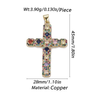 Colorful gemstone inlaid cross pendant in copper base with gold finish for necklaces
