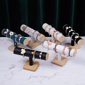 T-Bar Jewelry Display Stand Holder With Bamboo Wood Base Velvet PU Leather For Bracelet Watch Hair Scrunchie Organizer