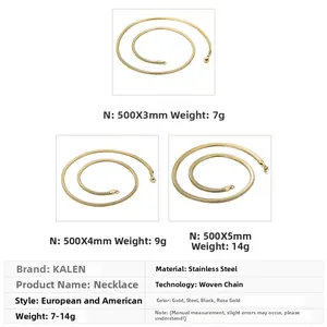 Size chart showing 3mm, 4mm, and 5mm widths for stainless steel snake chain necklaces