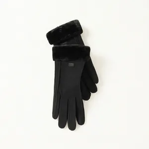 Warm black winter gloves for women with faux fur cuffs and touch screen function