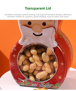 Christmas Santa tin box with transparent window showing peanuts inside for food storage