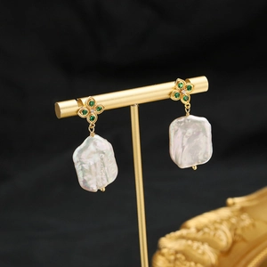 Vintage Freshwater Pearl Dangle Earrings With 925 Sterling Silver Earring Post And Green Zircon Flower For Women