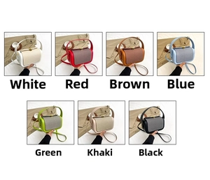 Collage of chic leather crossbody square bags in seven colors with gold turn-lock hardware