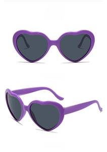 Purple heart-shaped sunglasses shown from front and 45-degree side angles