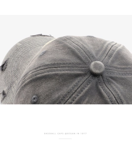 Macro shot of washed cotton fabric with vintage distressed stitching on gray baseball cap