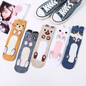 5-pack cat patterned cotton crew socks for women with cute 3D ears in various colors