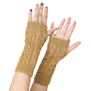 Close-up of khaki cable knit fingerless gloves showing thick wool texture and wrist pattern
