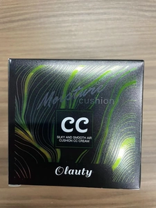 Front view of black and green Olauty moisture cushion CC cream packaging box with clear text